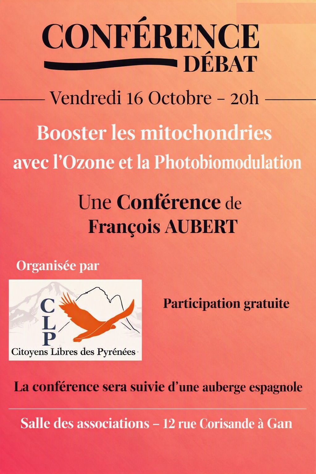 Booster les mitochondries avec l&rsquo;Ozone et la Photobiomodulation, une conférence de François Aubert – Vendredi 16 octobre, salle des associations à Gan